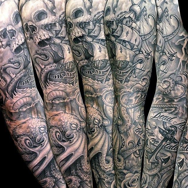 Black And Grey Pirate Ship With Skull And Octopus Tattoo On Full Sleeve