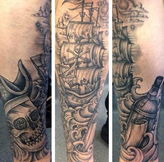 Black And Grey Pirate Ship With Skull Tattoo Design For Sleeve