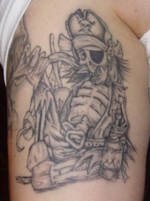 Black And Grey Pirate Skeleton Tattoo Design For Side Rib