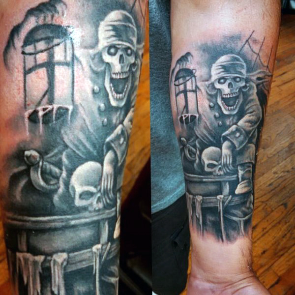 Black And Grey Pirate Skeleton Tattoo On Left Forearm