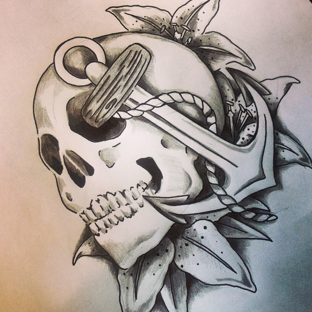 Black And Grey Pirate Skull With Anchor Tattoo Design