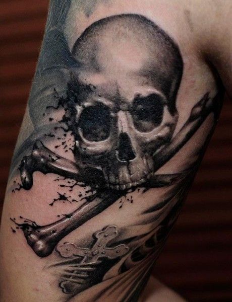 Black And Grey Pirate Skull With Crossing Bones Tattoo On Half Sleeve