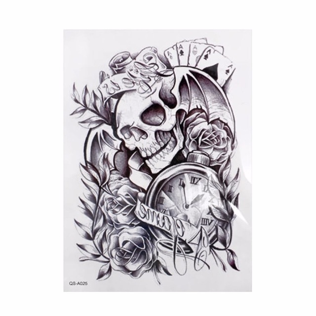 Black And Grey Pirate Skull With Pocket Watch And Roses Tattoo Design