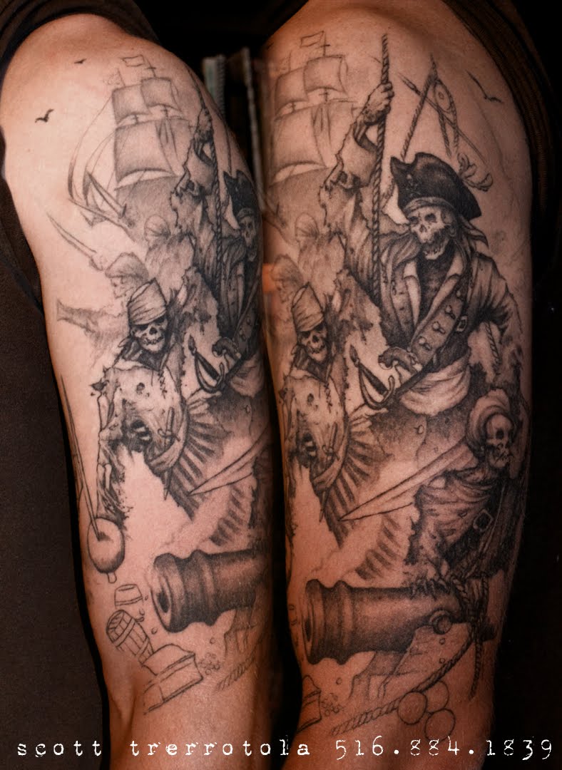 Black And Grey Pirates With Ship Tattoo On Left Half Sleeve By Scott Trerrotola