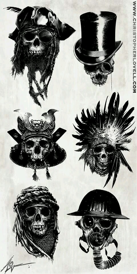 Black And Grey Six Pirate Skull Tattoo Design