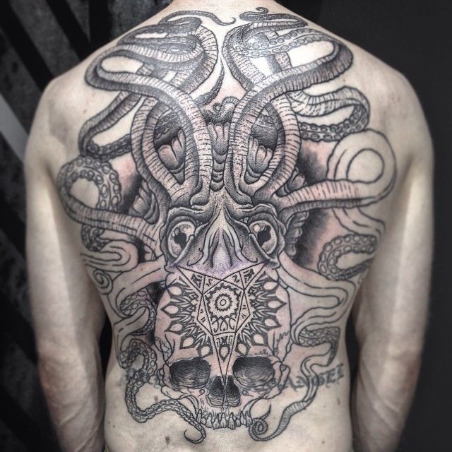 Black And Grey Skull With Octopus Tattoo On Full Back