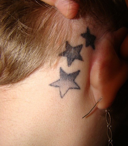Black And Grey Star Tattoos Behind Ear
