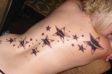 Black And Grey Star Tattoos On Girl Back