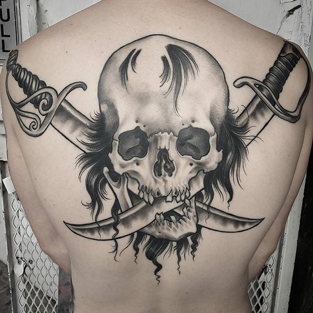 Black And Grey Two Swords In Pirate Skull Tattoo On Upper Back