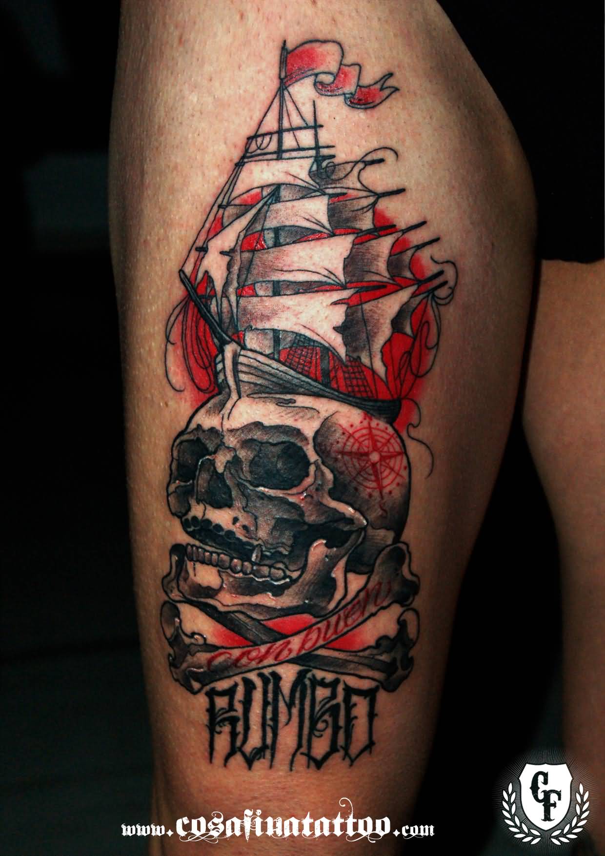 Black And Red Neo Pirate Ship On Skull Tattoo Design For Thigh
