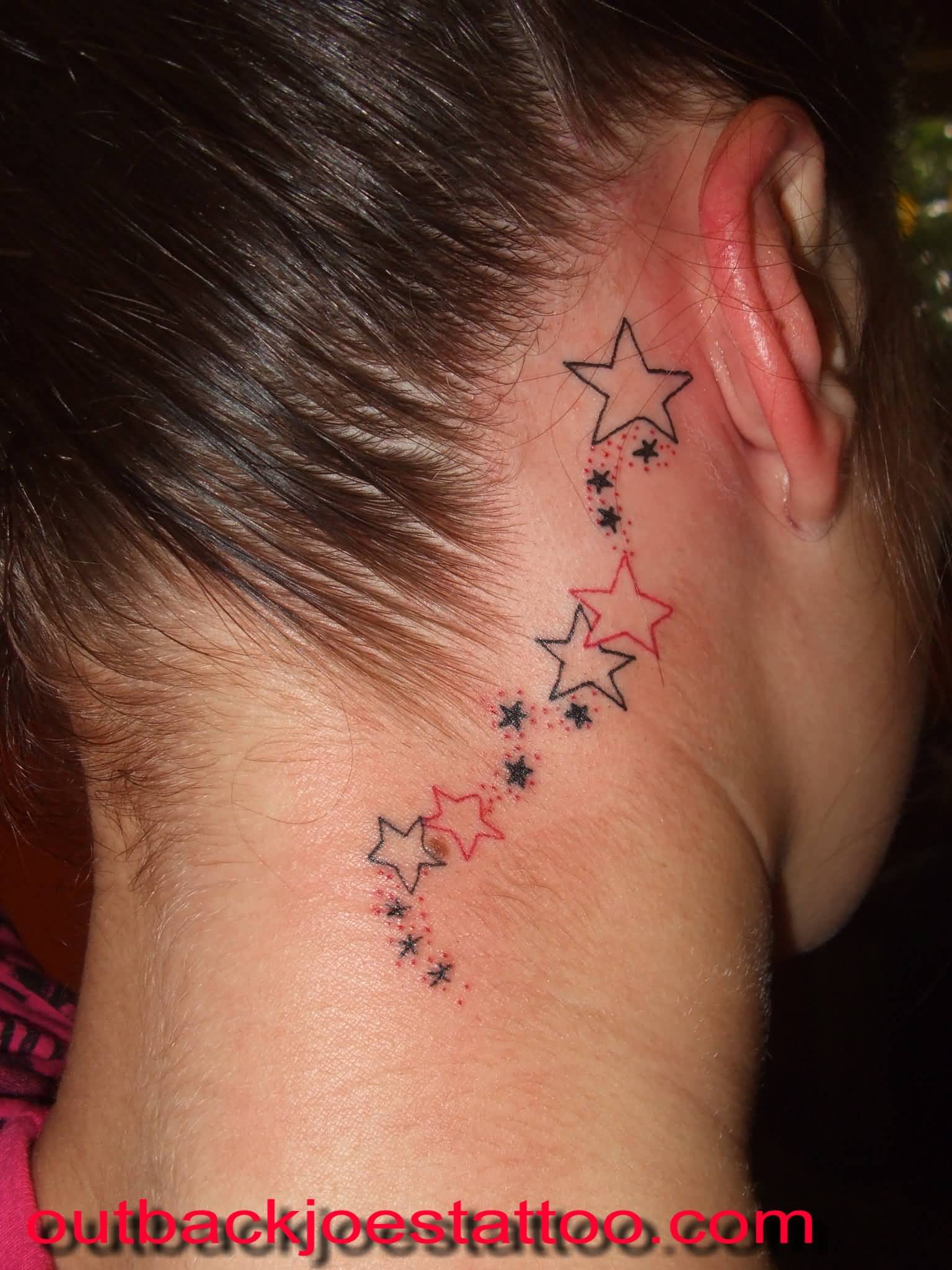 Black And Red Outline Star Tattoos Behind Ear