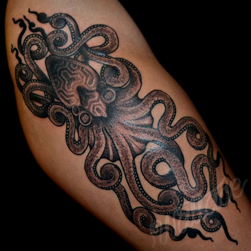 Black And White Octopus Tattoo Design For Leg