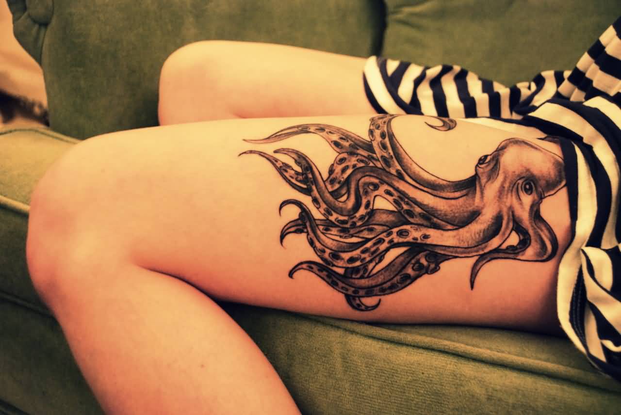 Black And White Octopus Tattoo Left Thigh