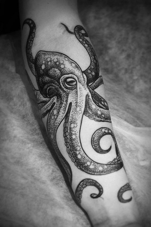 Black And White Octopus Tattoo On Forearm