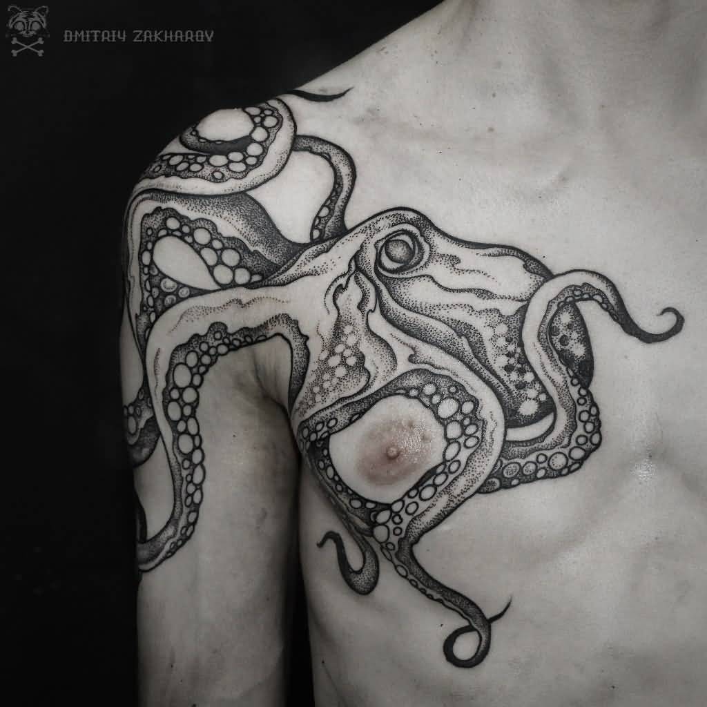 Black And White Octopus Tattoo On Left Front Shoulder