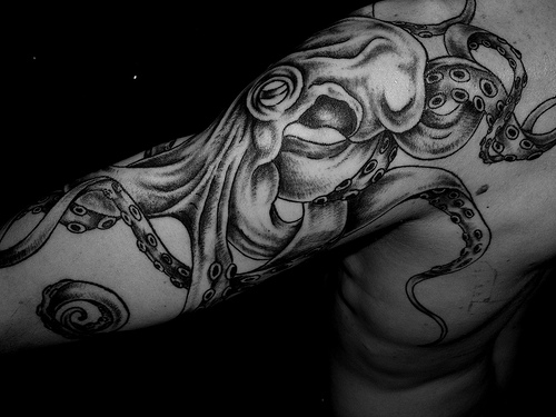 Black And White Octopus Tattoo On Left Half Sleeve