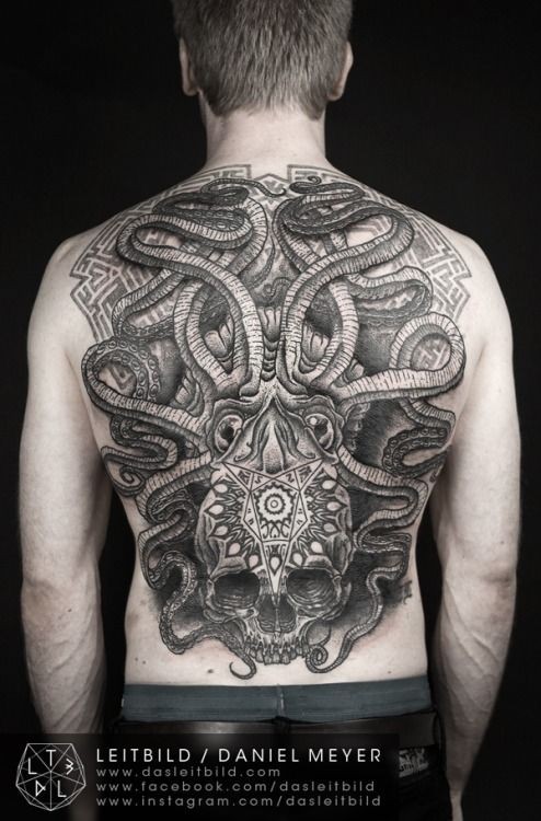 Black And White Octopus Tattoo On Man Full Back