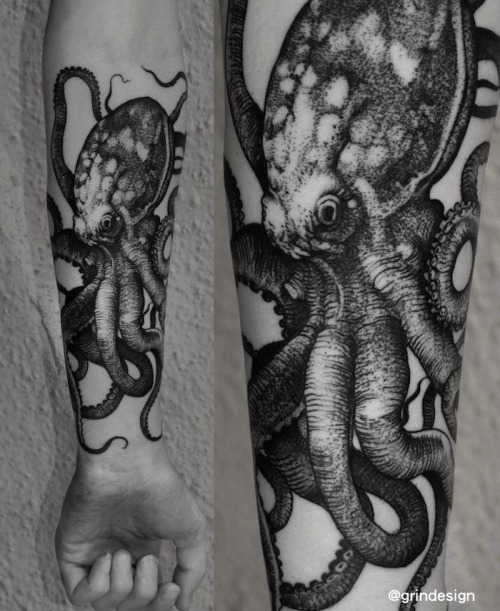 Black And White Octopus Tattoo On Right Forearm
