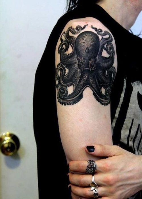 Black And White Octopus Tattoo On Right Shoulder