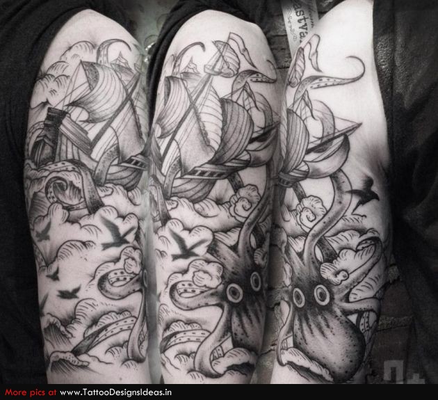 Black And White Octopus With Ship Tattoo On Right Half Sleeve