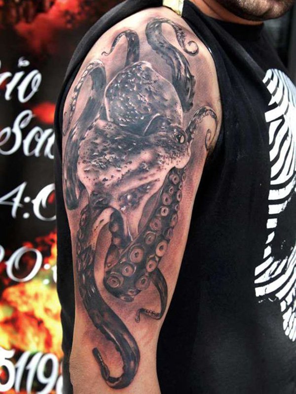 Black Ink 3D Octopus Tattoo On Man Right Half Sleeve