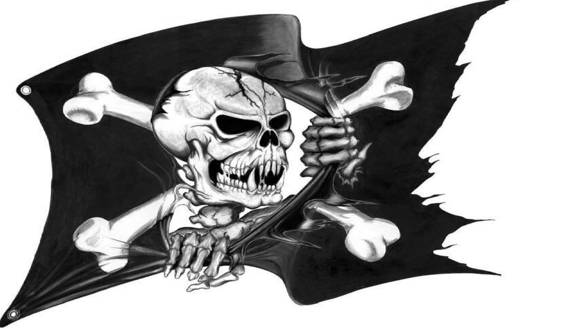 Black Ink 3D Pirate Flag Tattoo Design