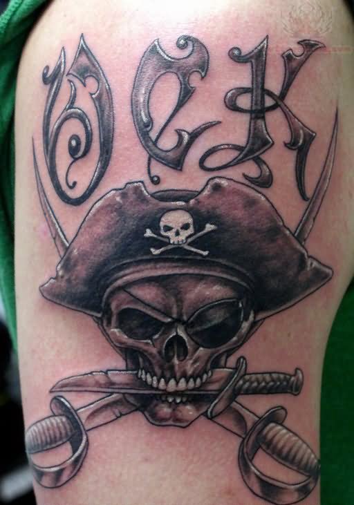 Black Ink 3D Pirate Skull Tattoo On Right Half Sleeve