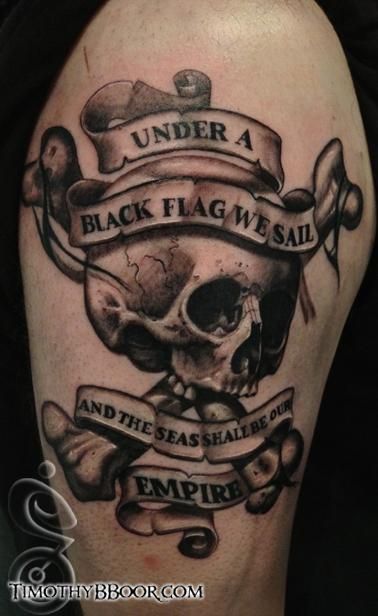 Black Ink 3D Skull With Banner Tattoo On Right Half Sleeve
