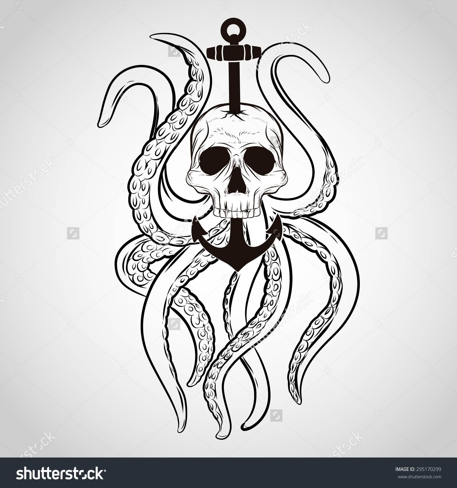 Black Ink Anchor In Octopus Skull Tattoo Design