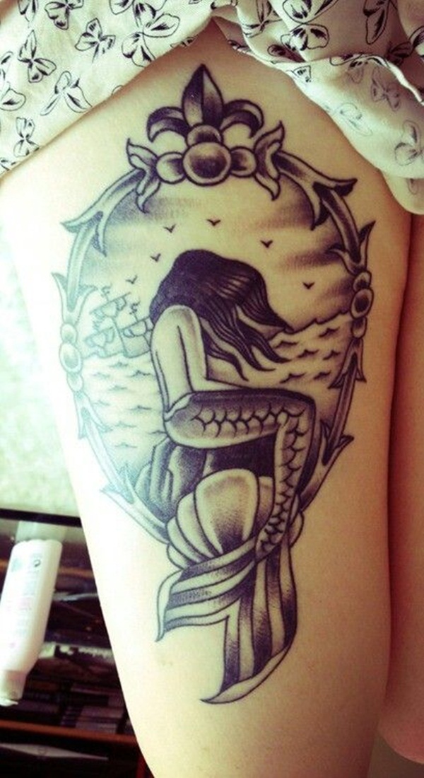 Black Ink Beautiful Mermaid In Frame Tattoo Design For Thigh
