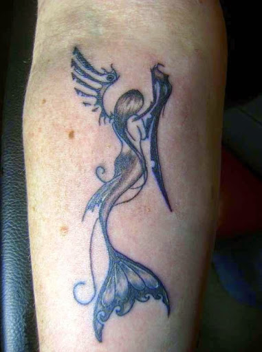 Black Ink Beautiful Mermaid Tattoo Design For Forearm