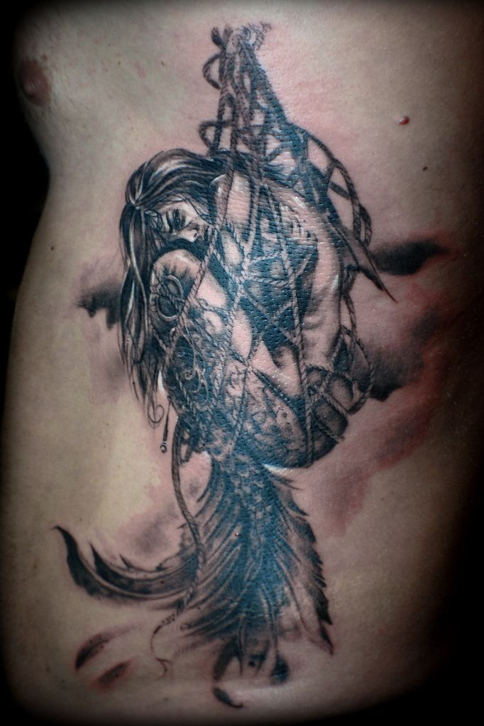 Black Ink Beautiful Mermaid Tattoo On Man Left Side Rib