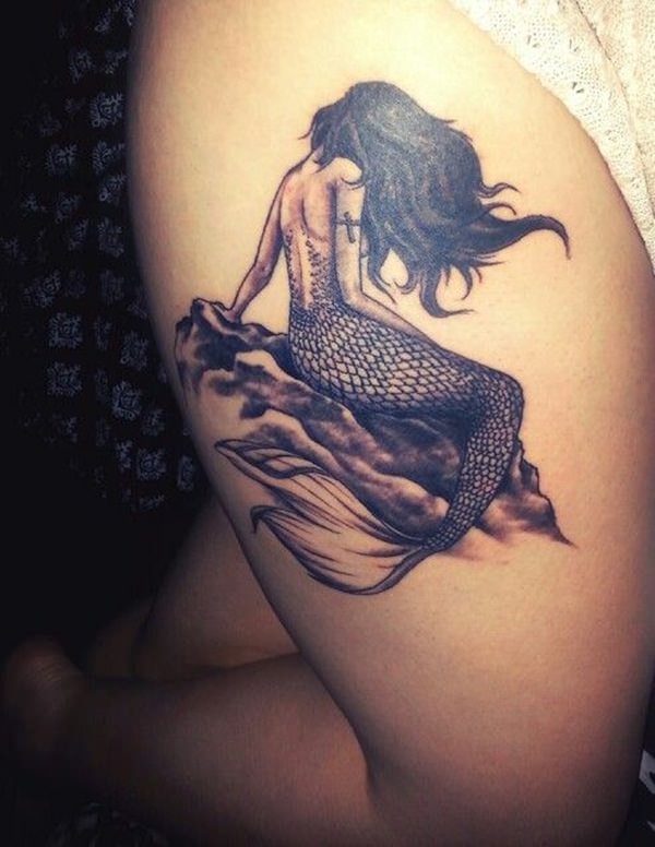 Black Ink Beautiful Mermaid Tattoo On Right Side Thigh