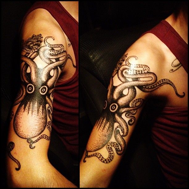 Black Ink Dotwork Octopus Tattoo On Man Right Half Sleeve