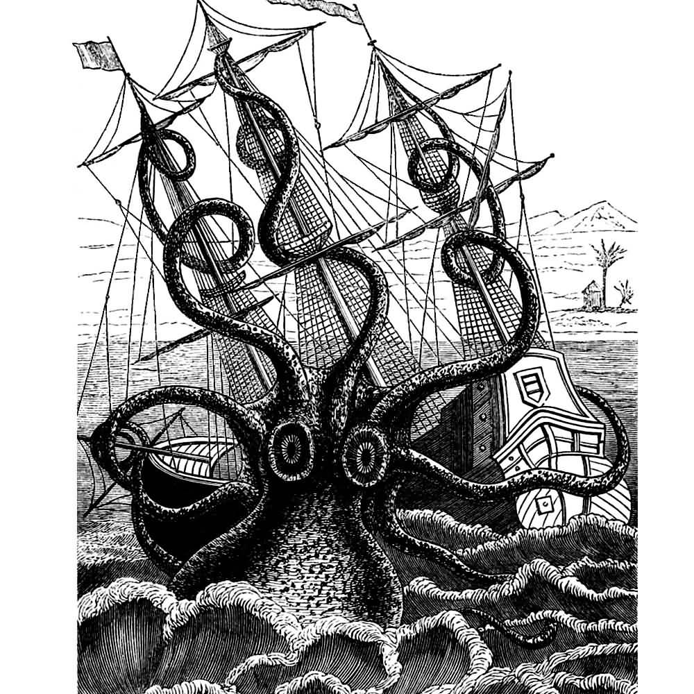 Black Ink Dotwork Pirate Octopus And Ship Tattoo Design