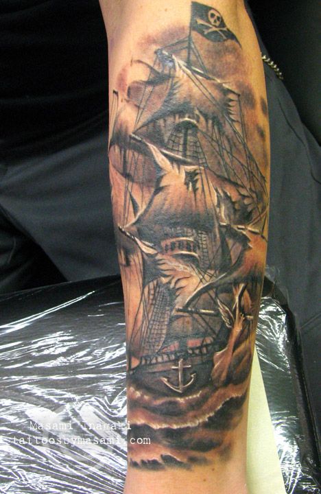 Black Ink Ghost Pirate Ship Tattoo Design For Arm