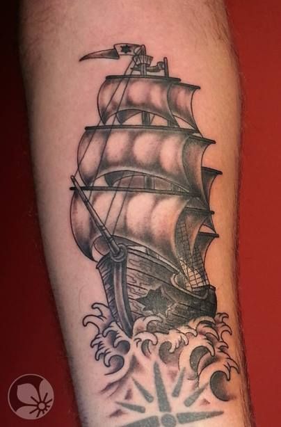 Black Ink Ghost Pirate Ship Tattoo Design For Forearm