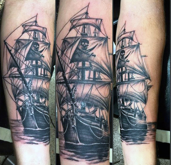 Black Ink Ghost Pirate Ship Tattoo Design For Sleeve