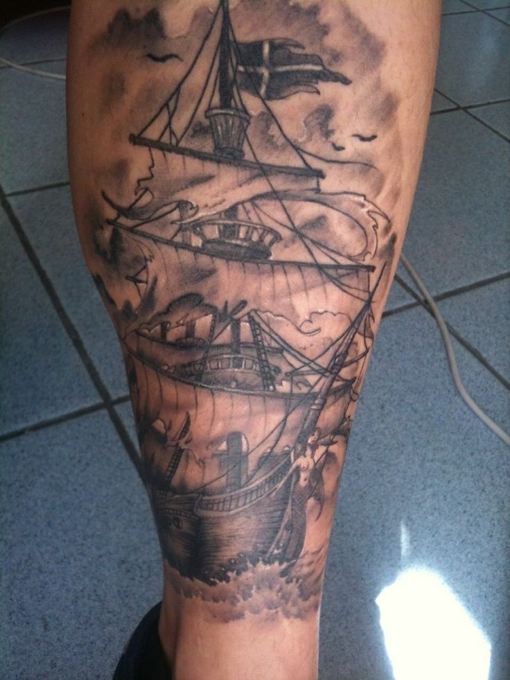 Black Ink Ghost Pirate Ship Tattoo On Left Leg Calf