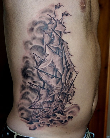 Black Ink Ghost Pirate Ship Tattoo On Man Right Side Rib