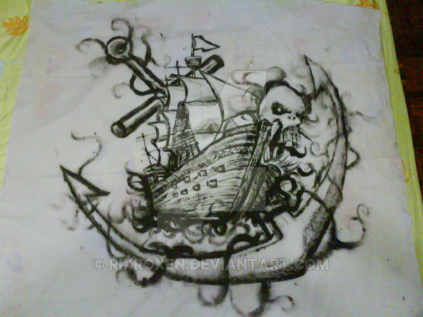 Black Ink Ghost Pirate Ship With Anchor Tattoo Design