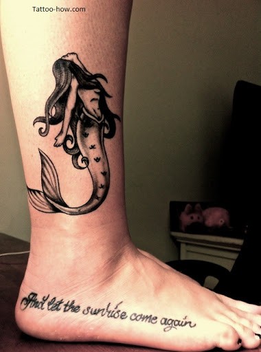 Black Ink Little Mermaid Tattoo On Right Leg