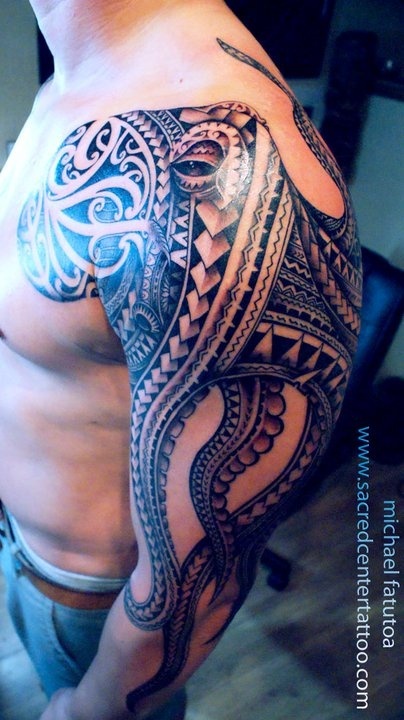 Black Ink Maori Octopus Tattoo On Man Left Half Sleeve