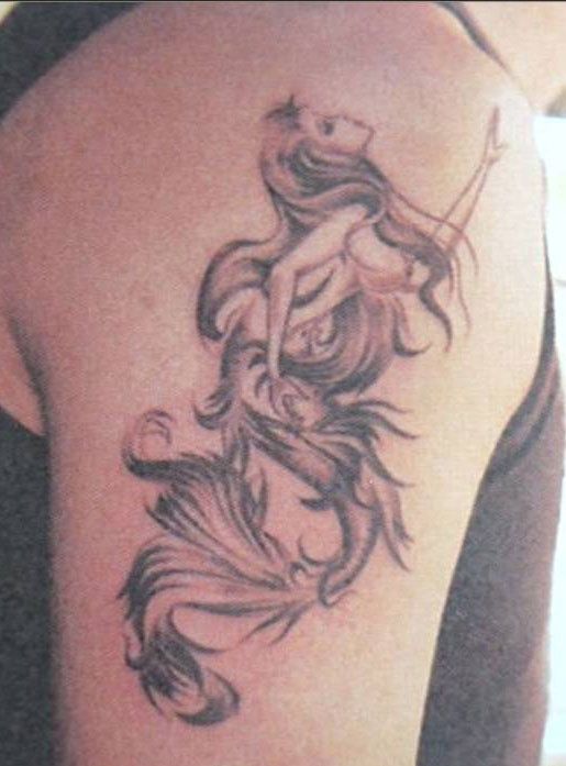 Black Ink Mermaid Tattoo Design For Shoulder