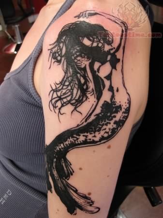 Black Ink Mermaid Tattoo On Girl Left Half Sleeve