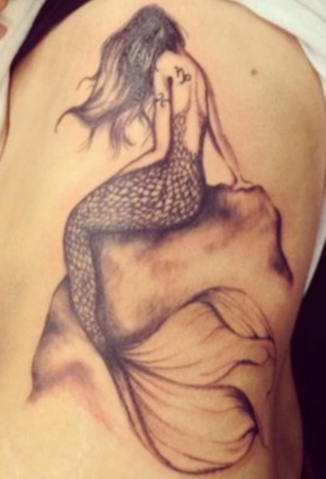 Black Ink Mermaid Tattoo On Girl Left Side Rib