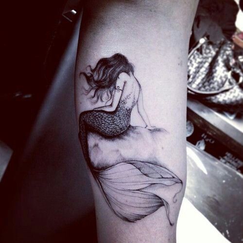 Black Ink Mermaid Tattoo On Right Forearm
