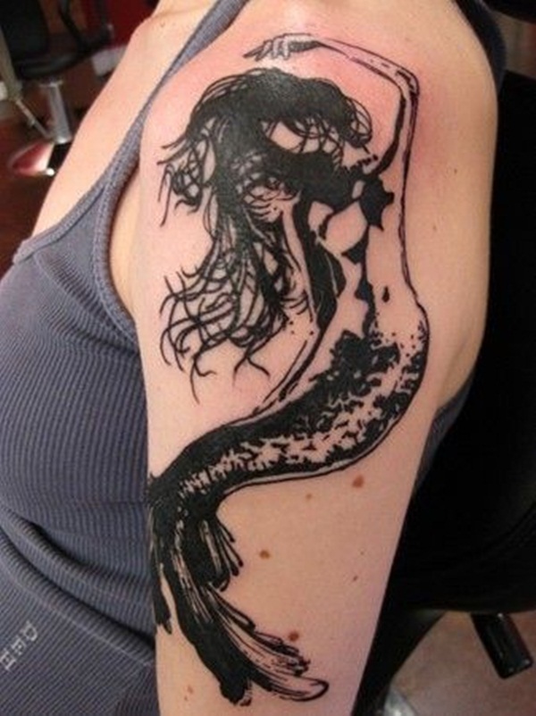 Black Ink Mermaid Tattoo On Women Left Half Sleeve By Gene Coffey
