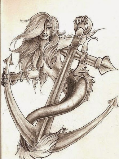 Black Ink Mermaid With Anchor Tattoo Design