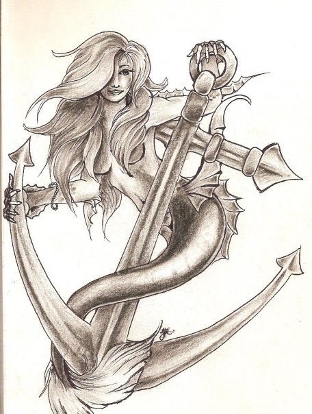 Black Ink Mermaid With Anchor Tattoo Design